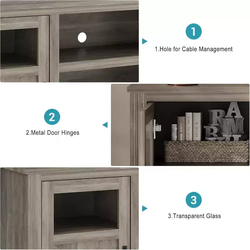Meuble TV de ferme avec lumières LED pour téléviseurs de 65 po, armoires de rangement et étagères ouvertes
