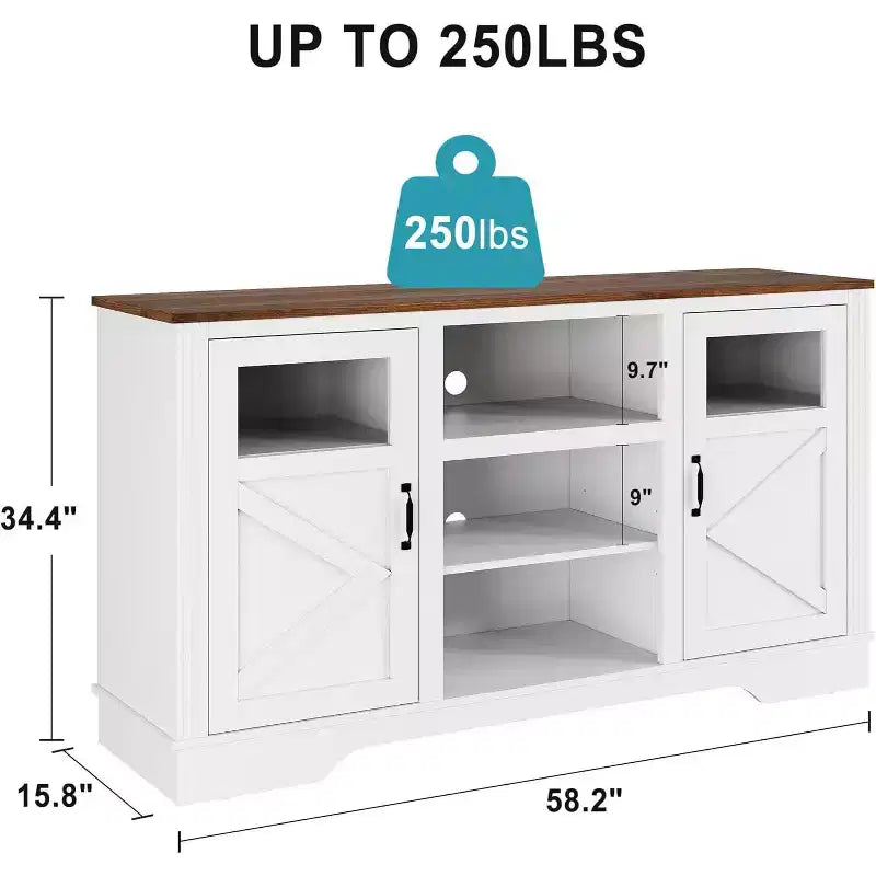 Meuble TV de ferme avec lumières LED pour téléviseurs de 65 po, armoires de rangement et étagères ouvertes