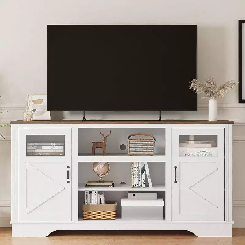 Meuble TV de ferme avec lumières LED pour téléviseurs de 65 po, armoires de rangement et étagères ouvertes