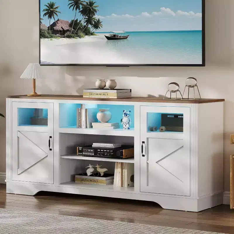 Meuble TV de ferme avec lumières LED pour téléviseurs de 65 po, armoires de rangement et étagères ouvertes