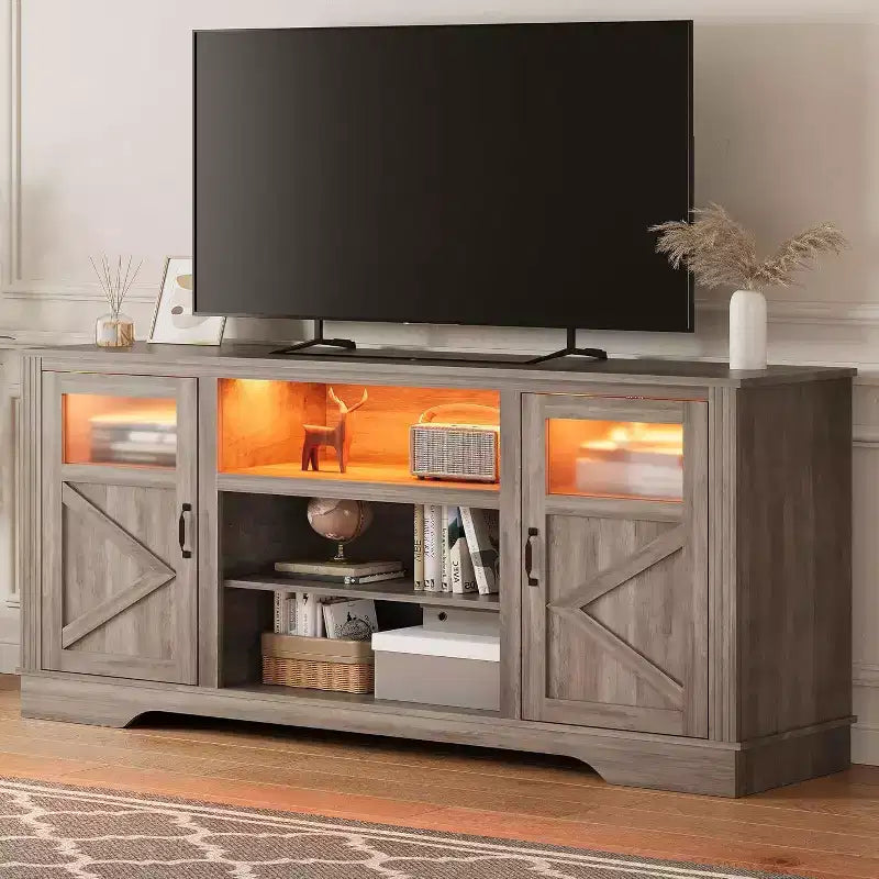 Meuble TV de ferme avec lumières LED pour téléviseurs de 65 po, armoires de rangement et étagères ouvertes