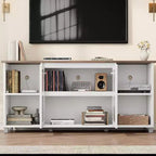 Meuble TV moderne pour téléviseur de 70 pouces, console multimédia noire avec portes et étagères en verre