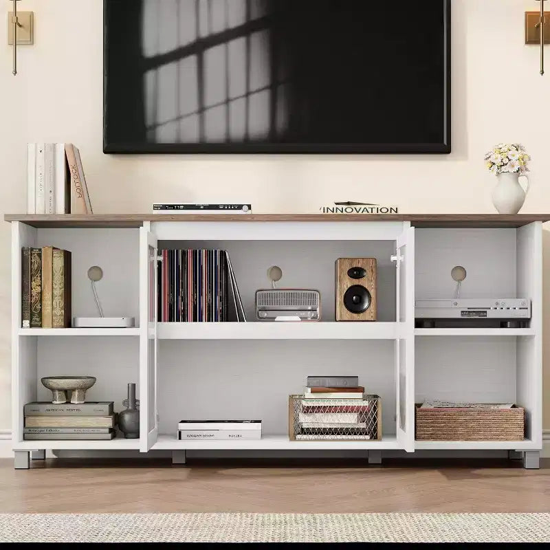 Meuble TV moderne pour téléviseur de 70 pouces, console multimédia noire avec portes et étagères en verre