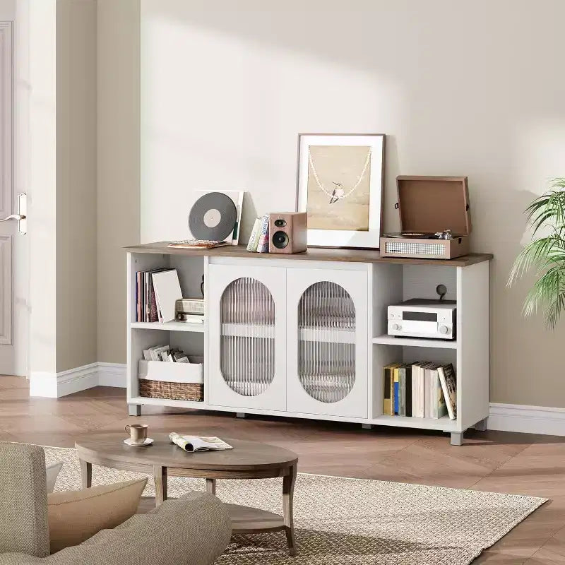 Meuble TV moderne pour téléviseur de 70 pouces, console multimédia noire avec portes et étagères en verre