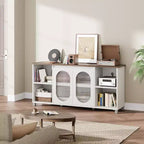 Meuble TV moderne pour téléviseur de 70 pouces, console multimédia noire avec portes et étagères en verre