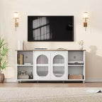 Meuble TV moderne pour téléviseur de 70 pouces, console multimédia noire avec portes et étagères en verre