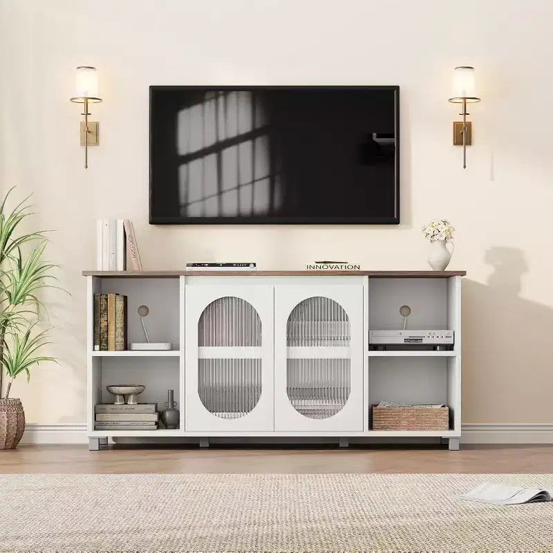 Meuble TV moderne pour téléviseur de 70 pouces, console multimédia noire avec portes et étagères en verre