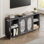 Meuble TV moderne pour téléviseur de 70 pouces, console multimédia noire avec portes et étagères en verre