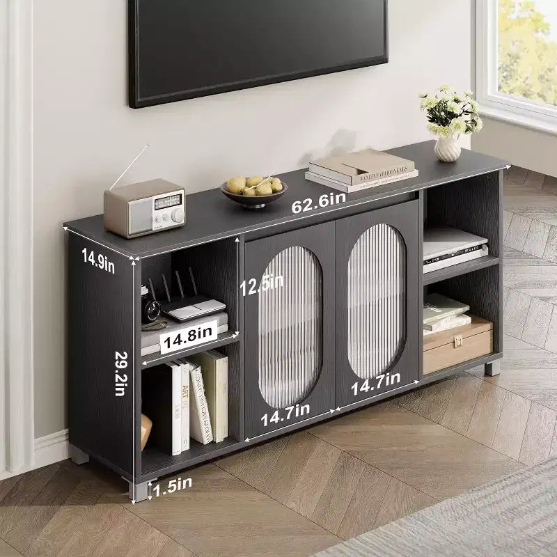 Meuble TV moderne pour téléviseur de 70 pouces, console multimédia noire avec portes et étagères en verre