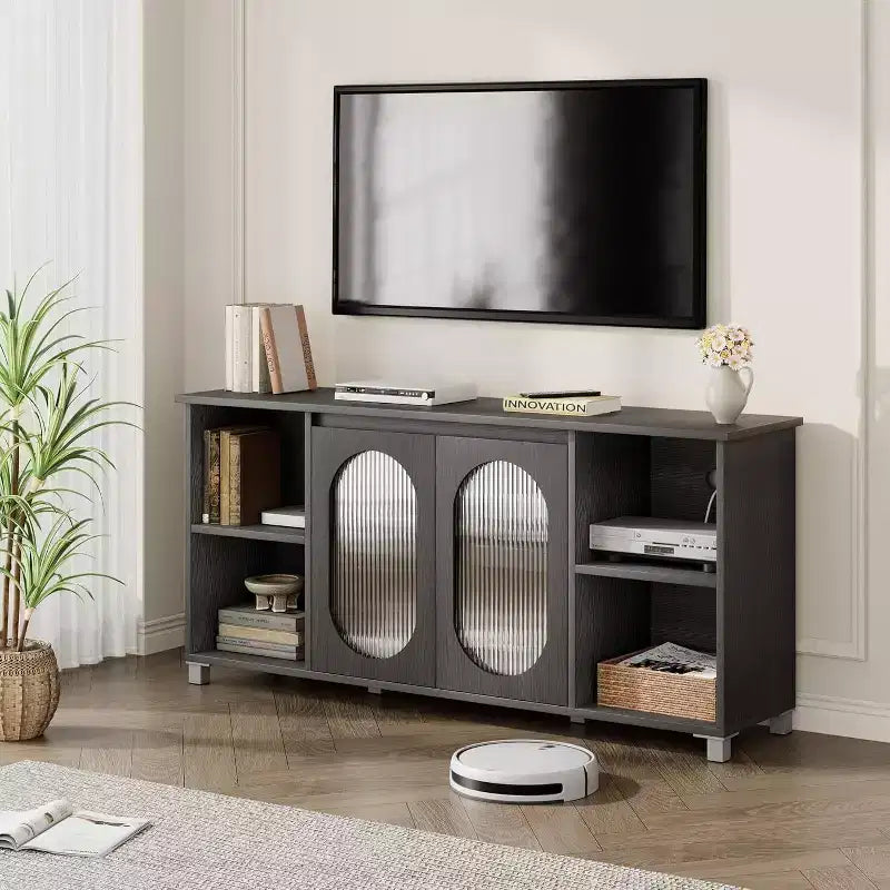 Meuble TV moderne pour téléviseur de 70 pouces, console multimédia noire avec portes et étagères en verre