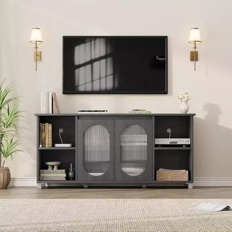 Meuble TV moderne pour téléviseur de 70 pouces, console multimédia noire avec portes et étagères en verre