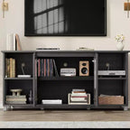 Meuble TV moderne pour téléviseur de 70 pouces, console multimédia noire avec portes et étagères en verre