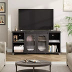 Meuble TV moderne pour téléviseur de 70 pouces, console multimédia noire avec portes et étagères en verre