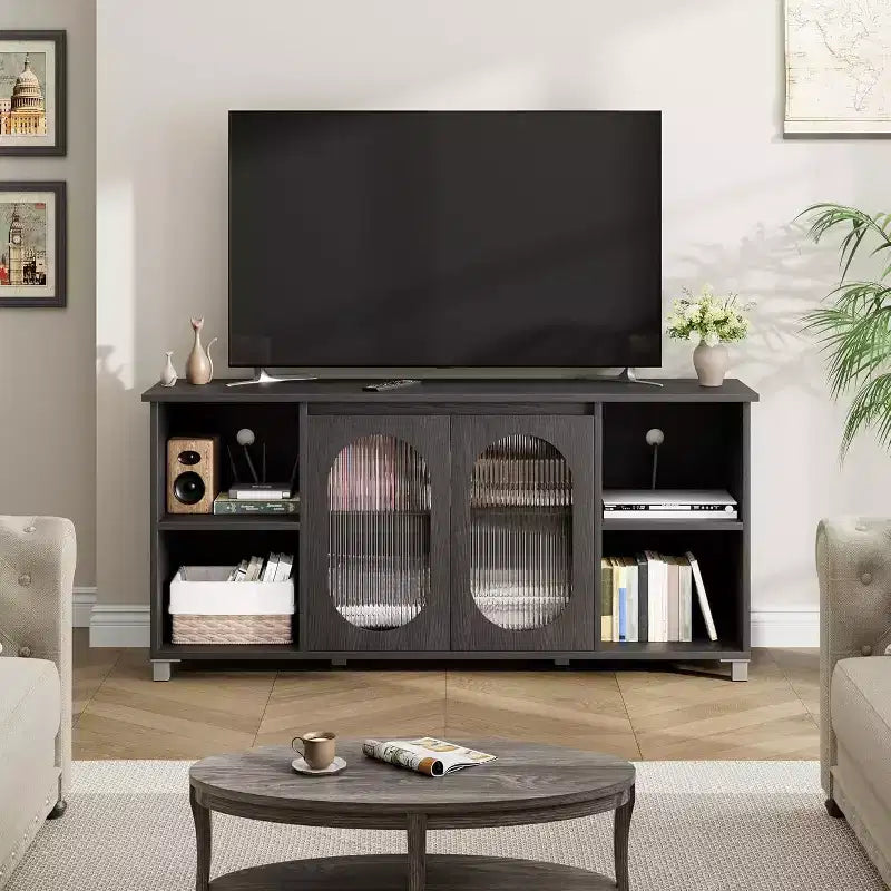 Meuble TV moderne pour téléviseur de 70 pouces, console multimédia noire avec portes et étagères en verre