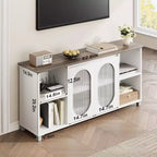 Meuble TV moderne pour téléviseur de 70 pouces, console multimédia noire avec portes et étagères en verre