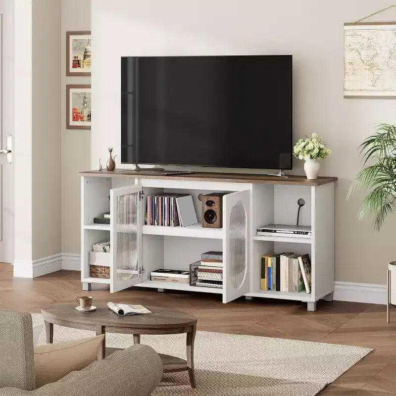 Meuble TV moderne pour téléviseur de 70 pouces, console multimédia noire avec portes et étagères en verre