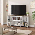 Meuble TV moderne pour téléviseur de 70 pouces, console multimédia noire avec portes et étagères en verre