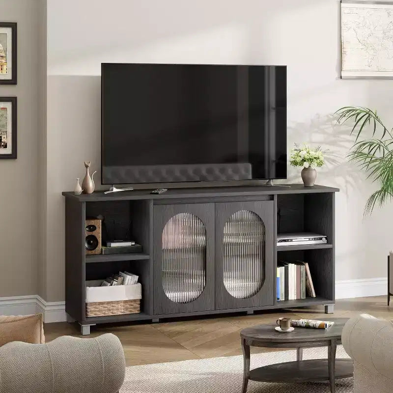 Acekool Modern TV Stand for 70 Inch TV, Black Media Console with Glass Doors and Shelves, Storage Cabinet for Living Room