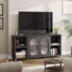 Acekool Modern TV Stand for 70 Inch TV, Black Media Console with Glass Doors and Shelves, Storage Cabinet for Living Room