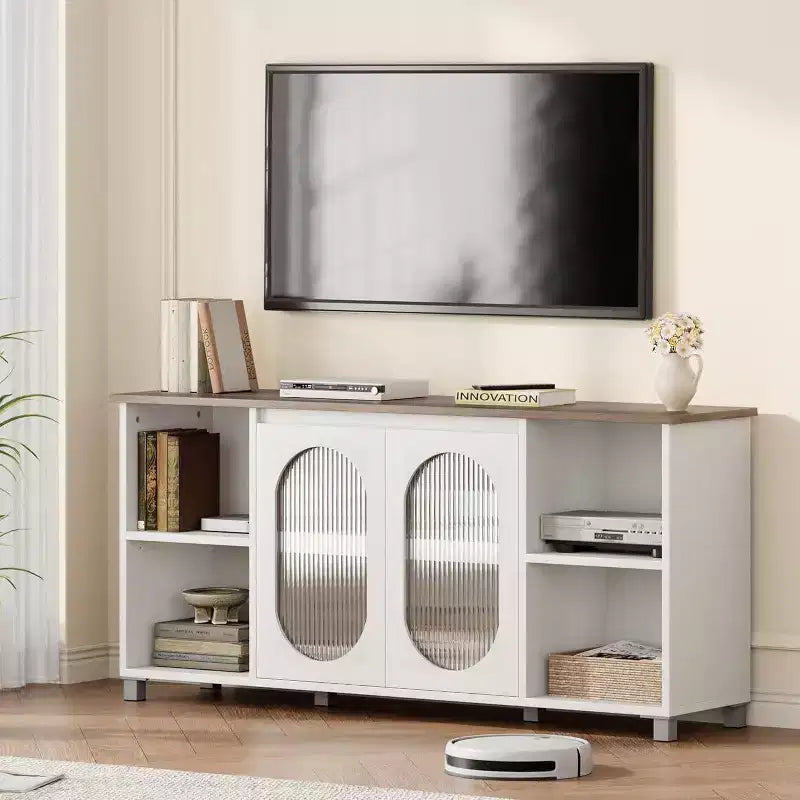 Meuble TV moderne pour téléviseur de 70 pouces, console multimédia noire avec portes et étagères en verre