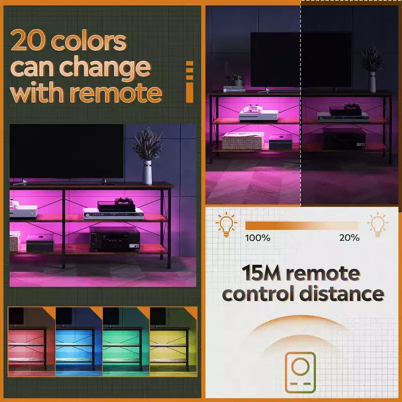 Meuble TV pour téléviseurs de 65 à 70 pouces avec lumières LED et rangement pour jeux, Greige