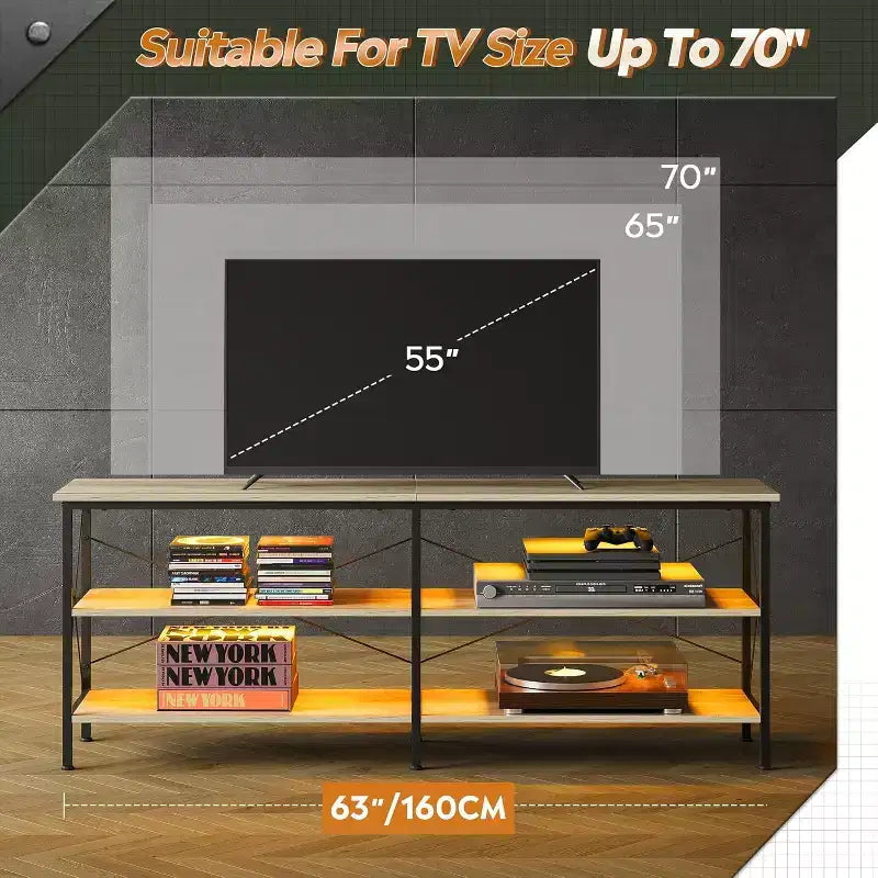 Meuble TV pour téléviseurs de 65 à 70 pouces avec lumières LED et rangement pour jeux, Greige