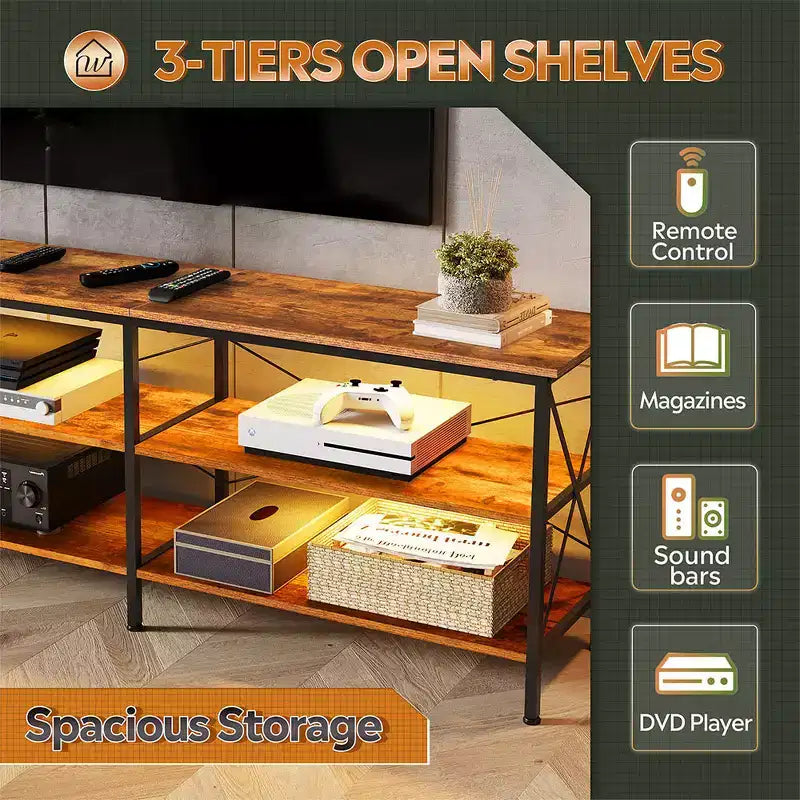 Meuble TV pour téléviseurs de 65 à 70 pouces avec lumières LED et rangement pour jeux, Greige