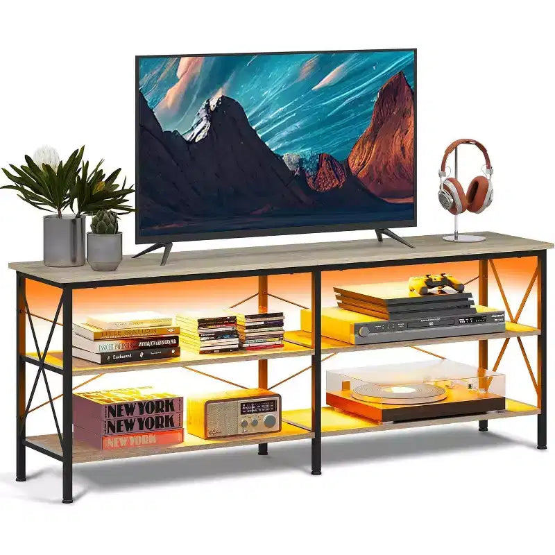 GALAXHERO TV Stand for 65-70 inch TV with LED Lights, Gaming Entertainment Center with Storage, Industrial TV Console for Living Room, Greige