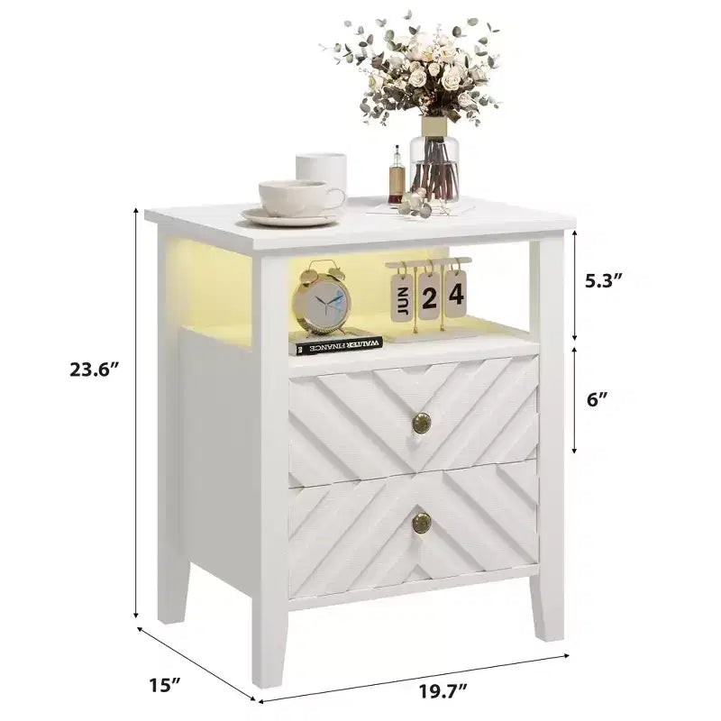 Table de Chevet LED Élégante avec 2 Tiroirs de Rangement et Lumières Couleurs Télécommandées