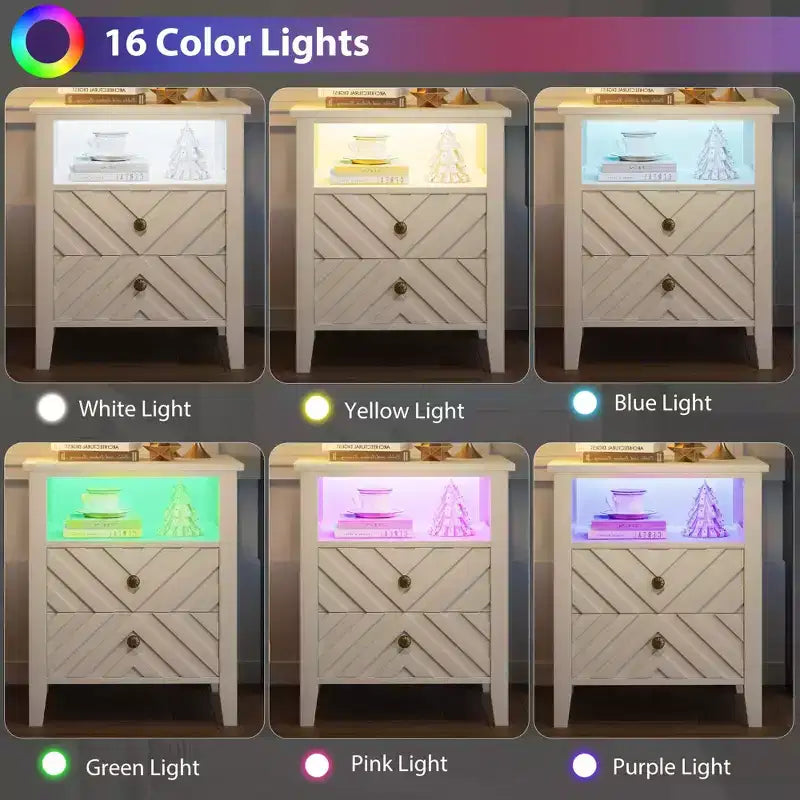 Table de Chevet LED Élégante avec 2 Tiroirs de Rangement et Lumières Couleurs Télécommandées