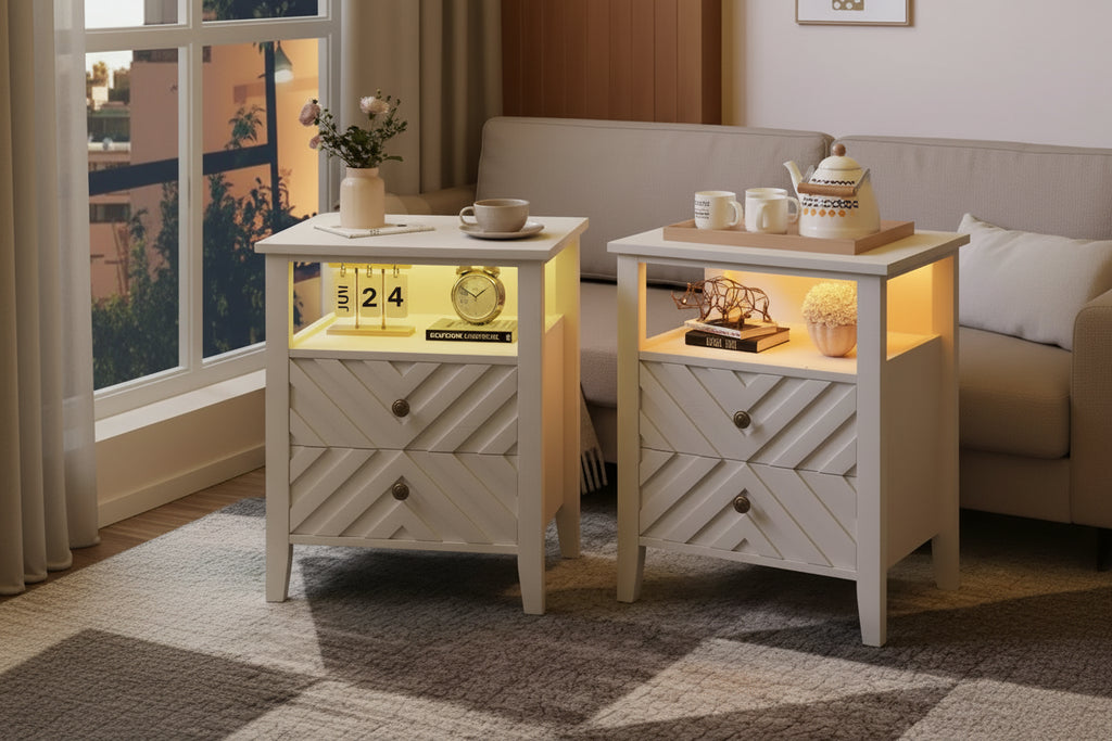 Table de Chevet LED Élégante avec 2 Tiroirs de Rangement et Lumières Couleurs Télécommandées