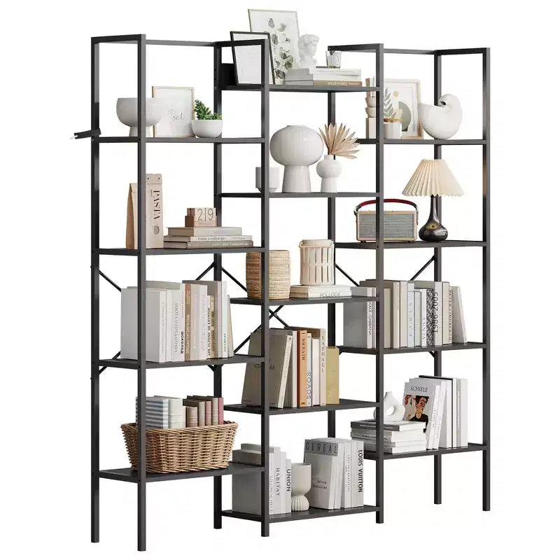 5 Tier Bookcases, Triple Wide Industrial Bookshelf, Steel Bookshelf, Display Storage Bookshelves