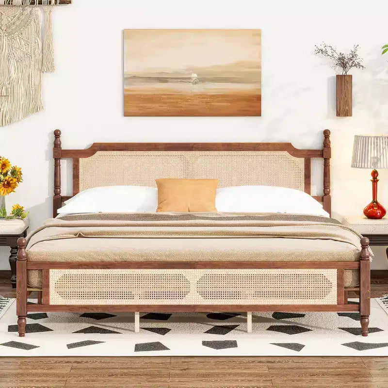MAYEERTY King Pine Wooden Bed with Rattan Headboard and Footboard Brown