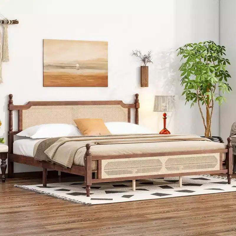 Lit en bois King Pine avec tête et pied de lit en rotin, marron
