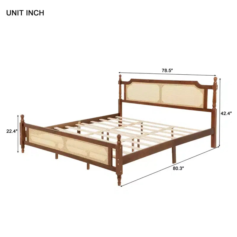 Lit en bois King Pine avec tête et pied de lit en rotin, marron