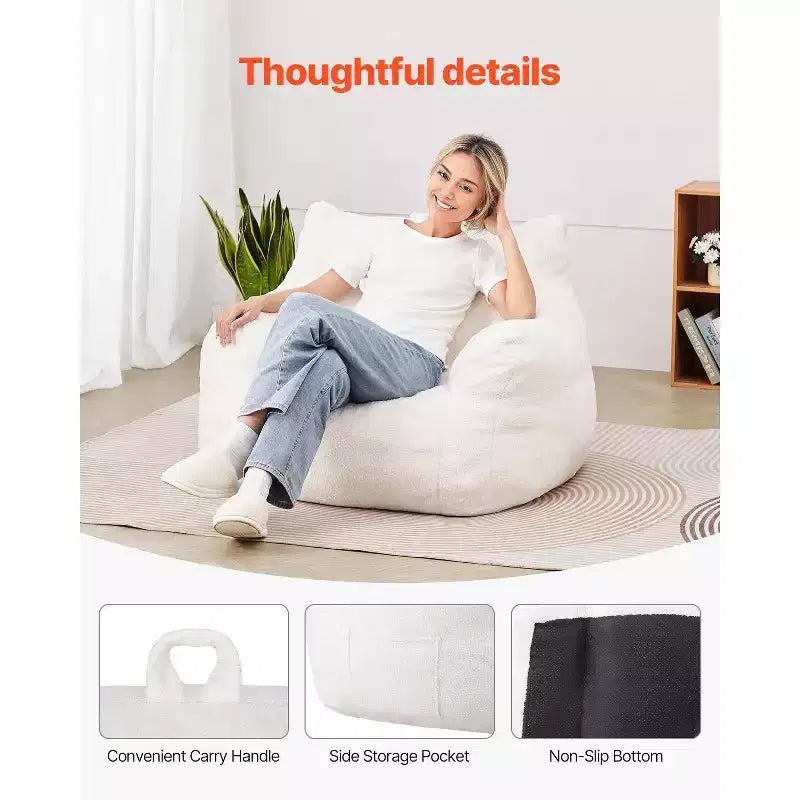 Fauteuil poire 90 cm en mousse à mémoire de forme avec accoudoirs et pochette de rangement, velours blanc effet nounours