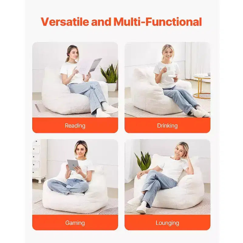 Fauteuil poire 90 cm en mousse à mémoire de forme avec accoudoirs et pochette de rangement, velours blanc effet nounours