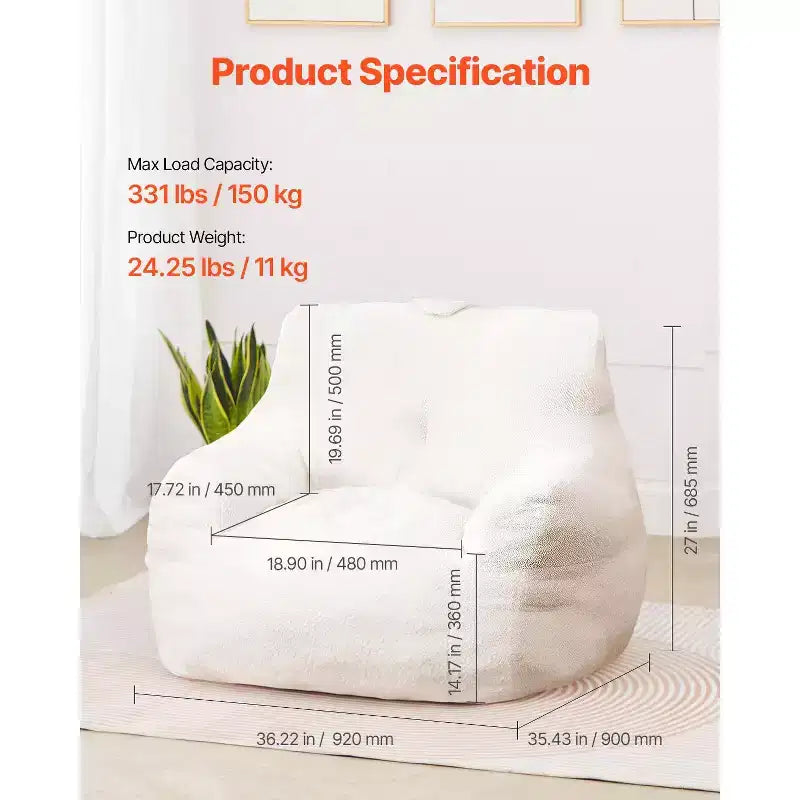 Fauteuil poire 90 cm en mousse à mémoire de forme avec accoudoirs et pochette de rangement, velours blanc effet nounours
