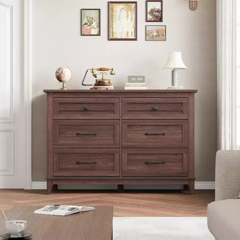 Commode 6 tiroirs pour Chambre à Coucher, Commode de Rangement en Bois de 47" de Large, Organiseur de Placard Moderne Autonome, Salon, Entrée