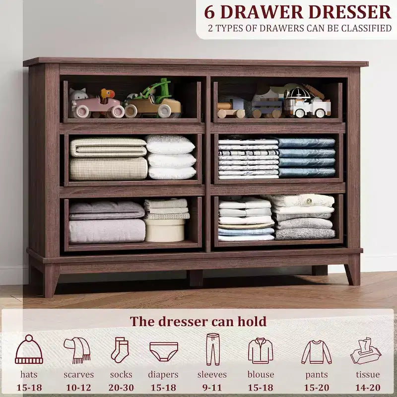 Commode 6 tiroirs pour Chambre à Coucher, Commode de Rangement en Bois de 47" de Large, Organiseur de Placard Moderne Autonome, Salon, Entrée