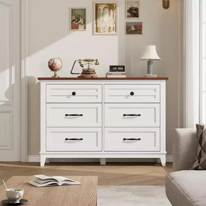 Commode 6 tiroirs pour Chambre à Coucher, Commode de Rangement en Bois de 47" de Large, Organiseur de Placard Moderne Autonome, Salon, Entrée