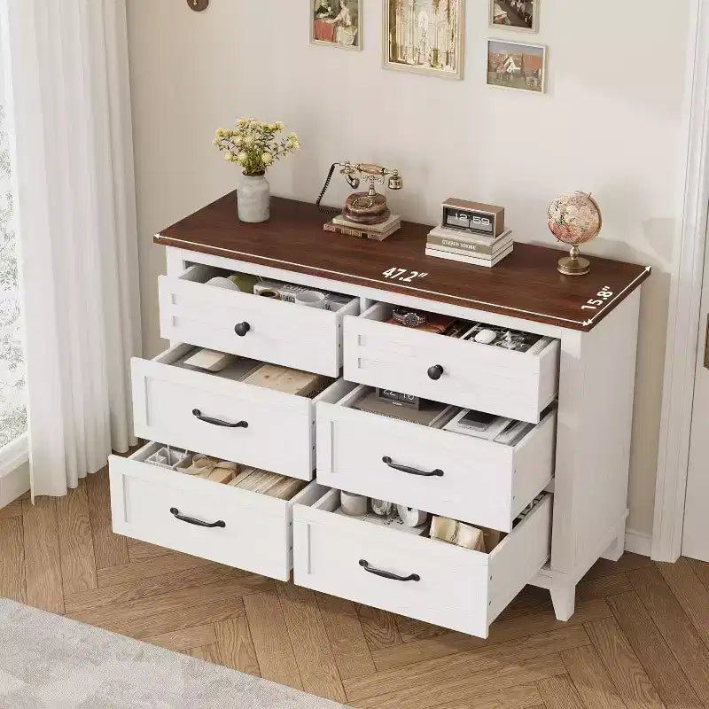 Commode 6 tiroirs pour Chambre à Coucher, Commode de Rangement en Bois de 47" de Large, Organiseur de Placard Moderne Autonome, Salon, Entrée