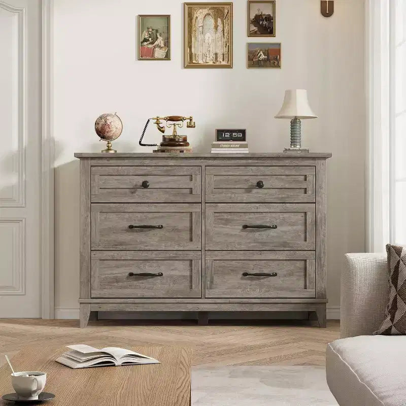 Commode 6 tiroirs pour Chambre à Coucher, Commode de Rangement en Bois de 47" de Large, Organiseur de Placard Moderne Autonome, Salon, Entrée