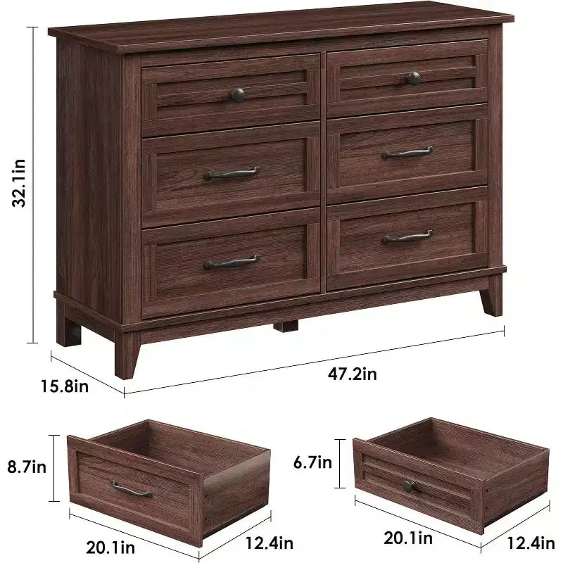 Commode 6 tiroirs pour Chambre à Coucher, Commode de Rangement en Bois de 47" de Large, Organiseur de Placard Moderne Autonome, Salon, Entrée