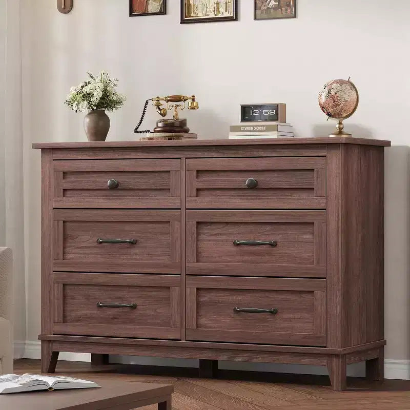 Commode 6 tiroirs pour Chambre à Coucher, Commode de Rangement en Bois de 47" de Large, Organiseur de Placard Moderne Autonome, Salon, Entrée