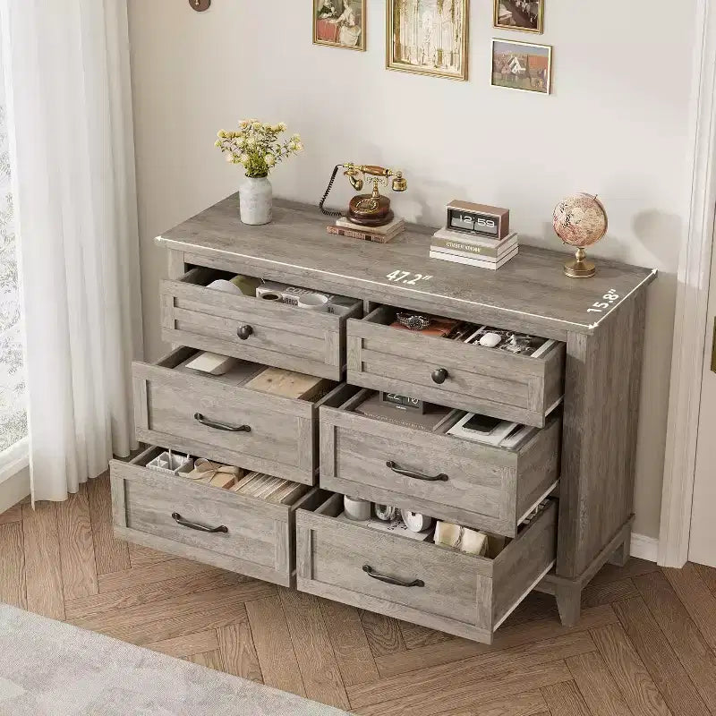 Commode 6 tiroirs pour Chambre à Coucher, Commode de Rangement en Bois de 47" de Large, Organiseur de Placard Moderne Autonome, Salon, Entrée
