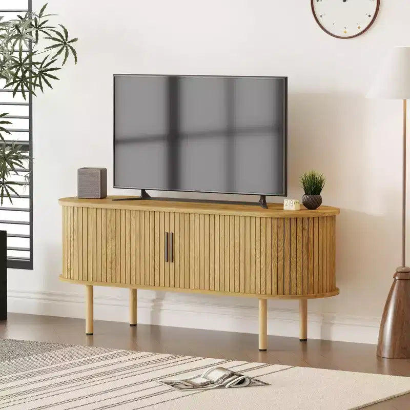 Meuble TV moderne de 120 cm avec compartiment de rangement et porte coulissante, centre de divertissement pour console de jeux avec placard pour salon, chambre à coucher