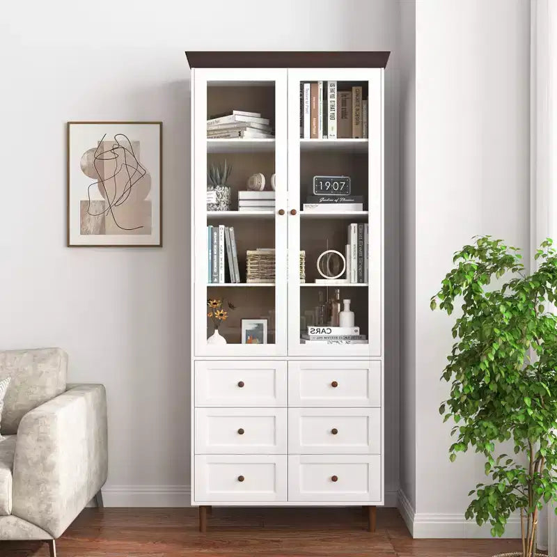 MAYEERTY Storage Cabinet White MDF Display with Glass Doors Adjustable Shelves Freestanding Cupboard for Kitchen Living Room