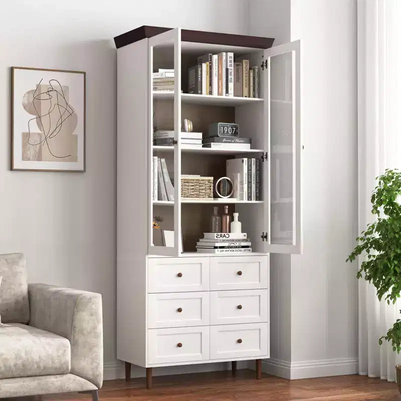 Vitrine d'exposition blanche en MDF avec portes en verre et étagères réglables