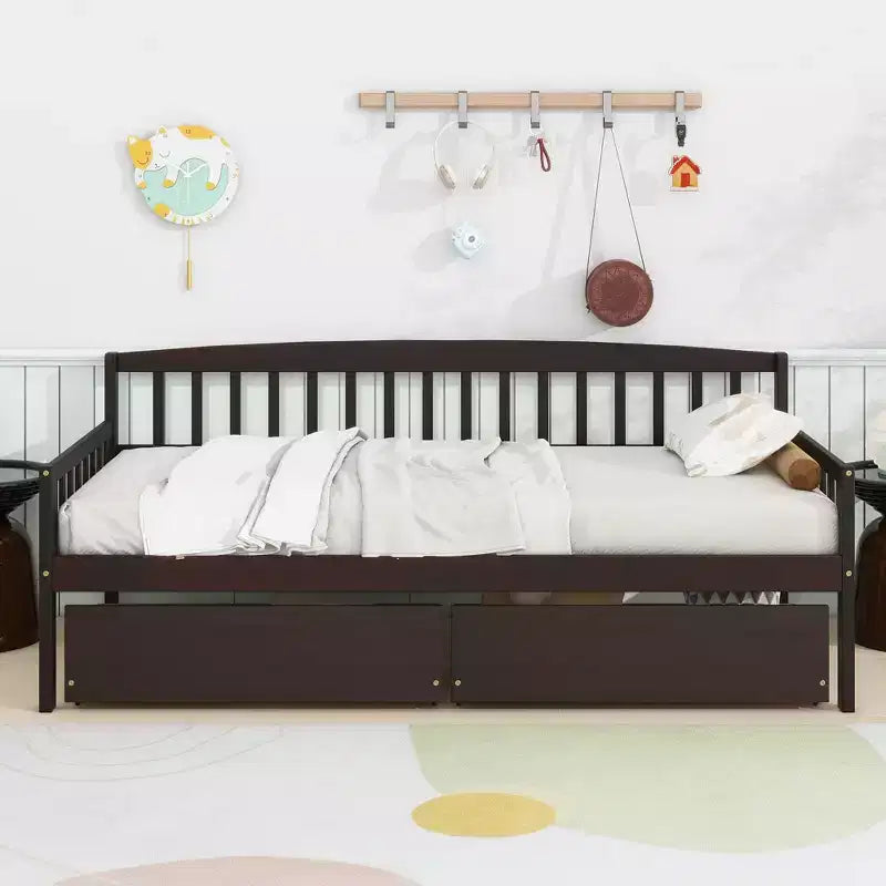 MAYEERTY Twin Pine Wood Daybed with Two Storage Drawers, 10 Support Slats, Brown